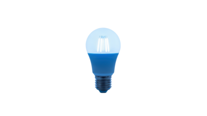 Light bulb with blue casing used in a home setting for indoor lighting during the evening. Isolated on transparent background, png