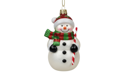 Snowman ornament displays cheerful design with winter theme and festive colors for holiday season decoration. Isolated on transparent background, png