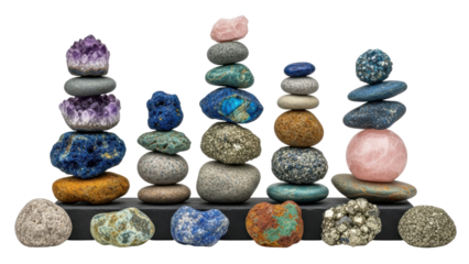 Balancing stones of different colors and shapes on a black shelf in indoor setting during daytime with natural light. Isolated on transparent background, png