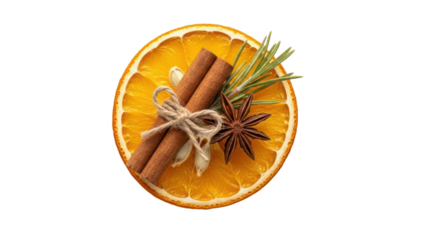Sliced orange with cinnamon sticks and herbs placed together in a simple arrangement for decoration or culinary use. Isolated on transparent background, png