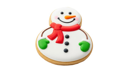 Fototapeta premium Snowman cookie with bright colors and holiday theme on a plain background. Isolated on transparent background, png