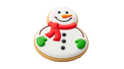Snowman cookie with bright colors and holiday theme on a plain background. Isolated on transparent background, png