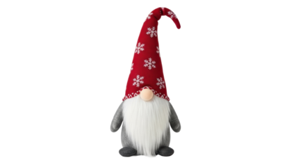 Gnome with red hat and white beard stands on table during winter season inside a cozy home. Isolated on transparent background, png