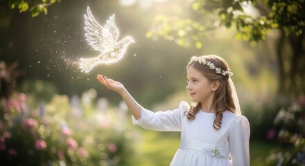 Innocent young girl experiences her sacred First Communion, reaching out to a radiant spiritual dove, symbolizing divine blessing and purity within a serene garden.