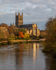Worcester Cathedral and the River Severn in Worcester, UK