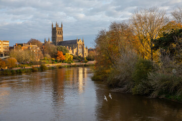 Worcester Cathedral and the River Severn in Worcester, UK