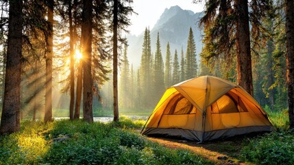 Sunny morning campsite with a tent pitched among tall trees and mountains.