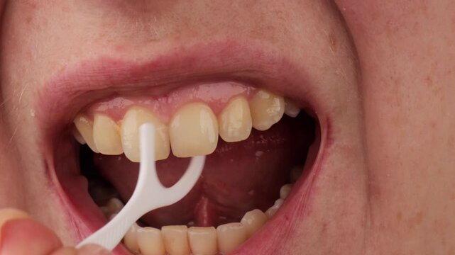 using dental floss pick. cleaning teeth with floss tool. oral hygiene routine