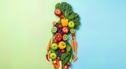 Fresh fruits and vegetables form a vibrant human silhouette, symbolizing healthy lifestyle choices, balanced diet, and wellness for optimal body composition.