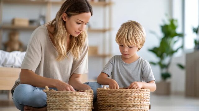 A caring mom and her child spend quality time organizing household items in stylish wicker baskets. The scene captures a peaceful family activity in a contemporary, sunlit home interior