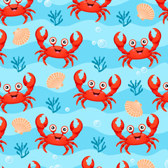Vector seamless pattern of cute cartoon crabs on a blue wavy ocean background with seaweed, scallop shells, and bubbles, perfect for marine-themed designs, kids textiles, summer decor, beach projects