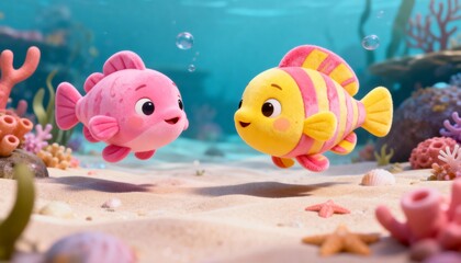 Two cute fluffy colorful fish swimming in a vibrant cartoon underwater scene, surrounded by soft coral reefs and marine plants &mdash; adorable kids ocean illustration in a charming plush, fluffy art style.
