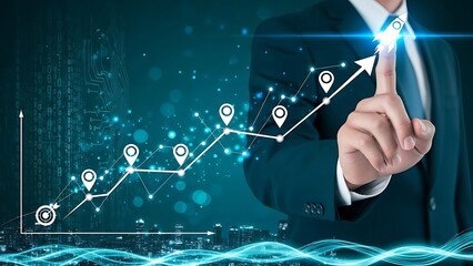 Businessman pointing at glowing data graph with digital growth indicators