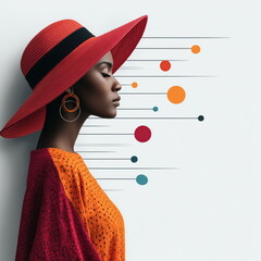 Wall Art African American Woman with Hat Body View red orange abstract circle shapes