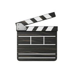 Obraz premium Classic wooden film clapperboard stands open, showcasing its dark textured surface, iconic black and white stripes, and silver metal hinge, ready for a movie production