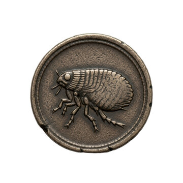Ancient round metallic medallion features a detailed flea in relief, showcasing its segmented body and legs with a textured, aged bronze finish under even studio lighting