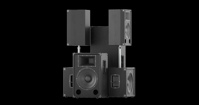 Professional PA speaker system rotation animation seamlessly loopable. 3D rendering isolated on transparent background