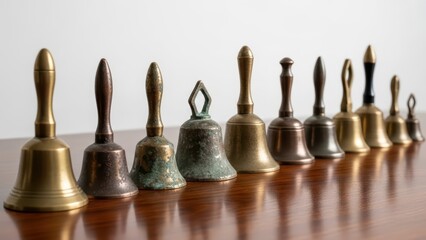 Vintage brass and cast iron bells in various shapes and sizes on wooden table