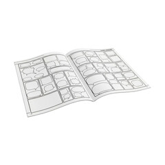 Open comic creator book with blank panels and speech bubbles offers a clean, graphic template for imaginative storytelling and artistic expression