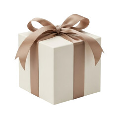 Elegant off-white gift box tied with a luxurious champagne-colored satin ribbon and a perfectly formed bow, presented with soft, inviting light