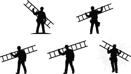 Silhouettes of workers carrying ladders in various poses construction © Obaidul Vector Zoon