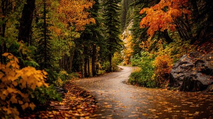 Fototapeta premium A winding forest road is covered in fallen leaves during autumn.