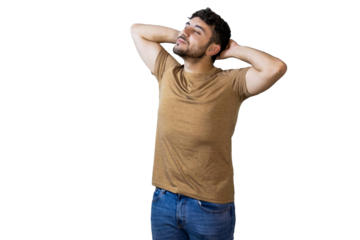 Relaxed man enjoying freedom with hands behind head on white background. PNG