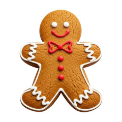 Festive gingerbread man cookie, decorated with cheerful white and red icing, stands upright, showcasing its classic holiday charm and sweet details