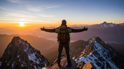 Adventurous hiker stands atop snowy mountain peak with arms outstretched, embracing the breathtaking sunrise and vast landscape, feeling triumphant and free.