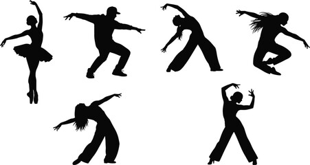 Diverse dancers in silhouette performing various styles of dance ballet hip hop