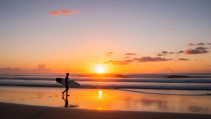Silhouette of surfer walking along sandy beach with surfboard at sunset, creating a peaceful and serene atmosphere with warm golden light reflecting on the water.