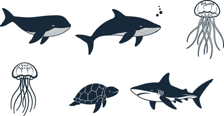 Dark blue whale shark sea turtle jellyfish set on white background marine life