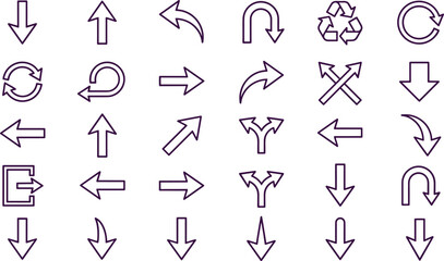 Collection of various dark purple outline arrow icons on white background direction