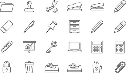 Collection of black line art office and school supplies icons folder stamp