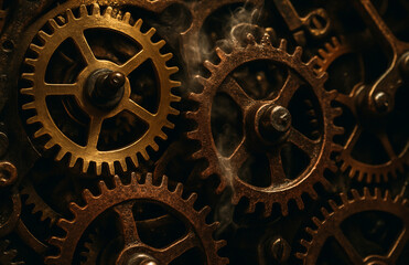 A dark, moody, close-up macro shot of intricate bronze and brass cogs and gear wheels, highlighted by dramatic lighting and hints of steam or smoke, evoking a powerful Victorian industrial aesthetic.