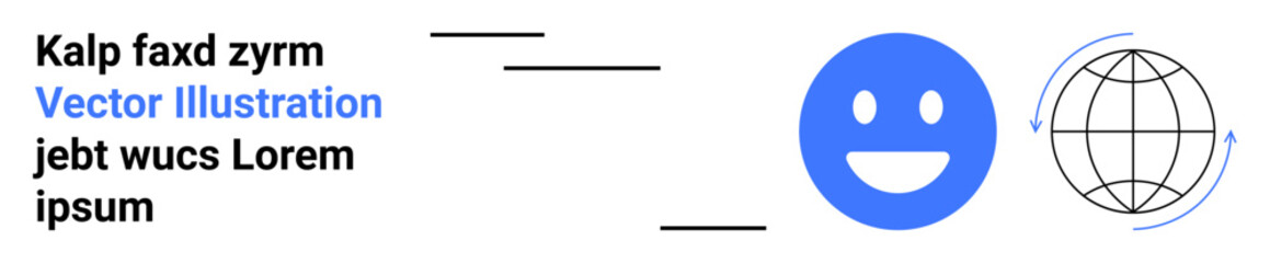 Global communication, digital networking, connectivity, international relations, social media, data sharing. Blue happy face next to globe with arrows. Global communication and connectivity concept