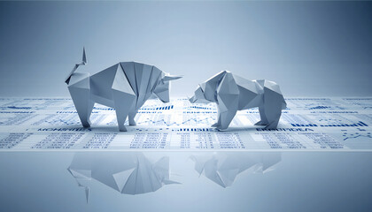 Two polygonal bull and bear sculptures face off on a smooth shiny floor, the picture symbolizes stock market tension and shifting economic sentiment.