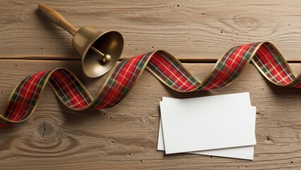 Festive bell and plaid ribbon with blank cards on wooden surface for holiday decoration