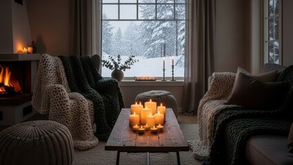 Obraz premium Cozy winter living room with candles and snowy view through large window