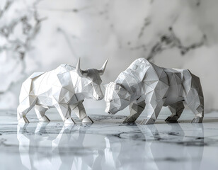 Two polygonal bull and bear sculptures face off on a smooth shiny floor, the picture symbolizes stock market tension and shifting economic sentiment.