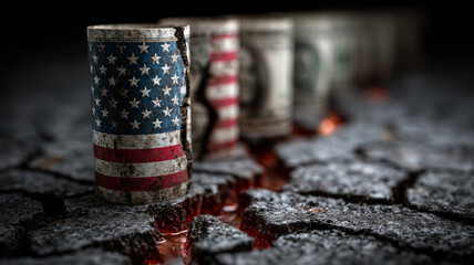 Economic decline reflected in cracked ground with worn US dollar bills