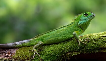 Fototapeta premium close up of a vibrant green lizard on a mossy log