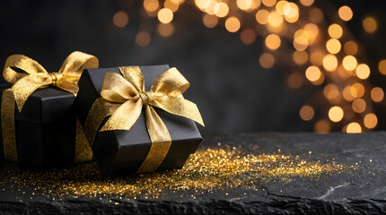 Gift boxes wrapped with a sparkling ribbon sits on a festive surface, surrounded by soft lights and scattered glitter, for Christmas holiday atmosphere.