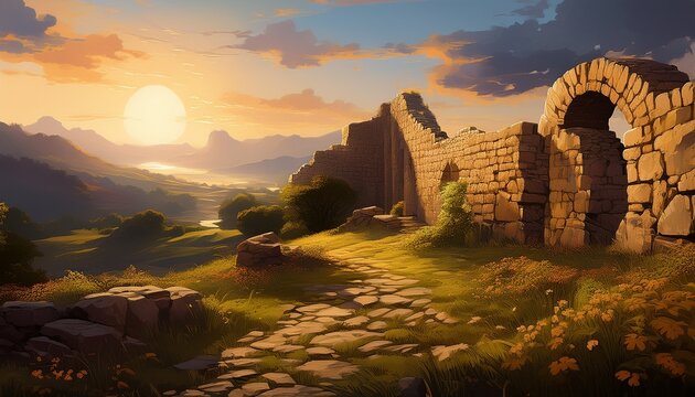 ancient stone wall sunlit landscape - Powered by Adobe