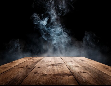 empty wooden table with smoke float up on dark background mz