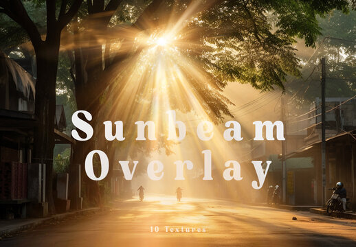 10 Sunbeam Rays, Warm Sun Light Glow Overlays