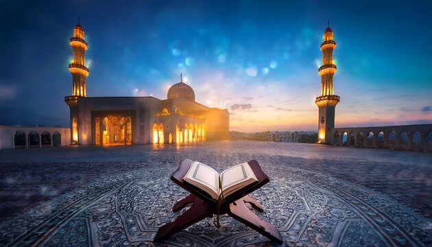 illuminated quran at mosque at dusk