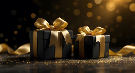 Gift boxes wrapped with a sparkling ribbon sits on a festive surface, surrounded by soft lights and scattered glitter, for Christmas holiday atmosphere.
