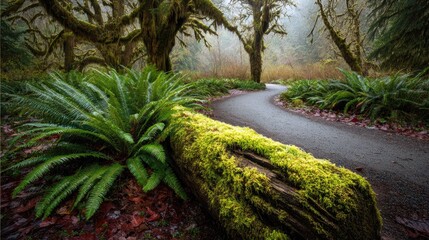 Forest path winds through lush ferns and moss-covered trees in fog.