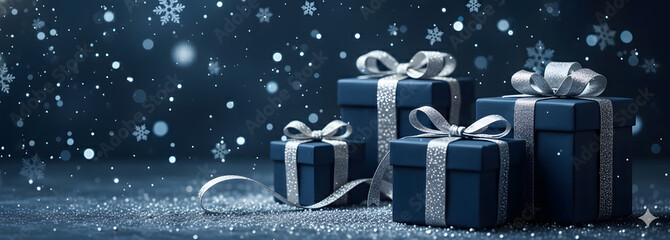 Christmas gift boxes wrapped with a sparkling ribbon sits on a festive surface, surrounded by soft lights and scattered glitter, creating a warm and elegant holiday atmosphere.